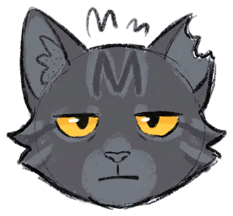Feral Watt cat mascot, grumpy charcoal tabby with amber eyes